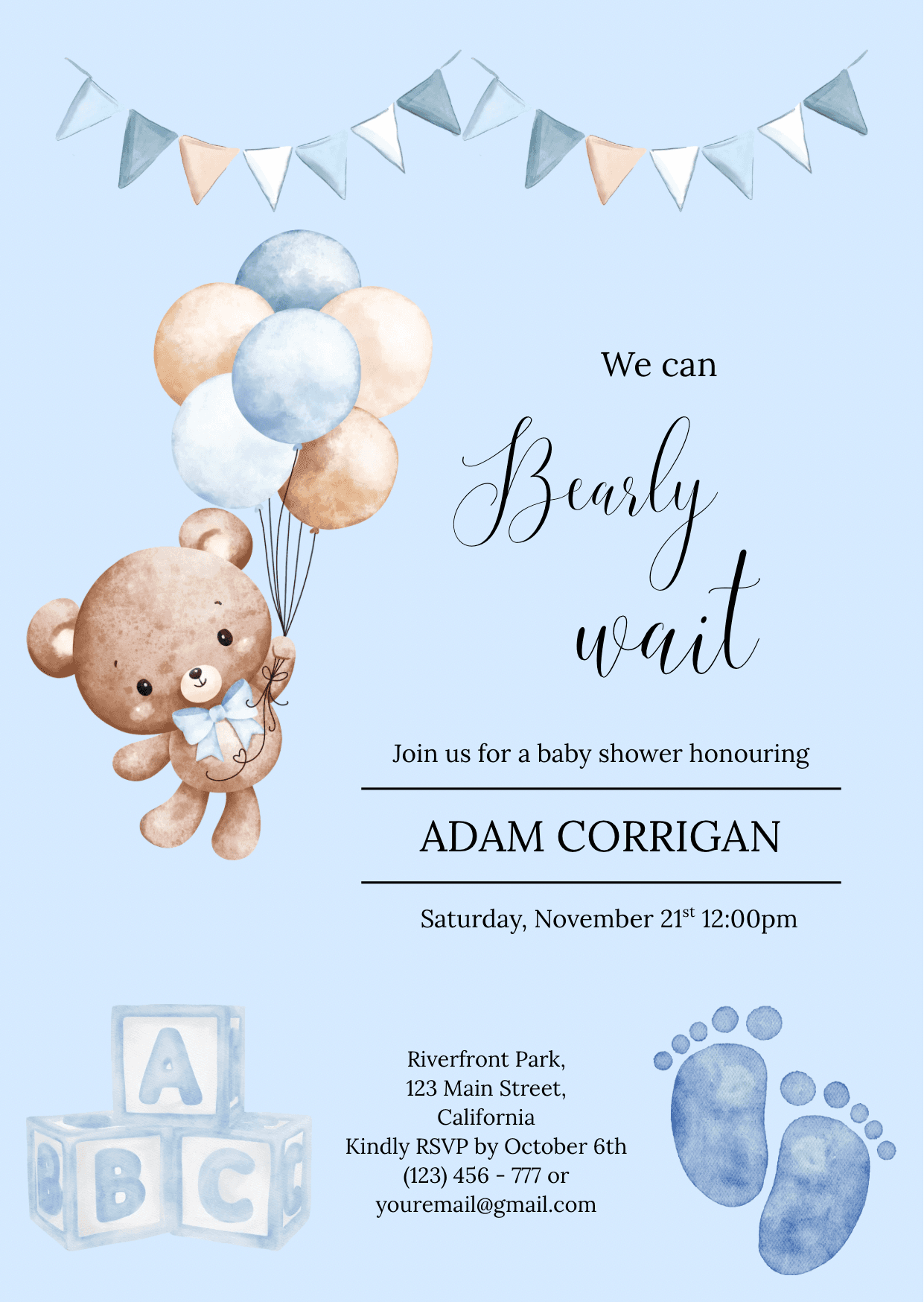 Cute teddy bear baby shower invitation with balloons, bunting, and footprints — perfect for digital print download