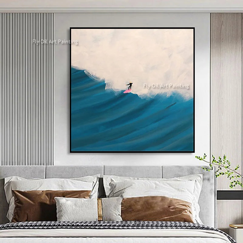 Original Blue Green People Set Sail Wall Art Decor For Room Handpainted Light Blue Seascape Fashion Oil Painting Canvas Art