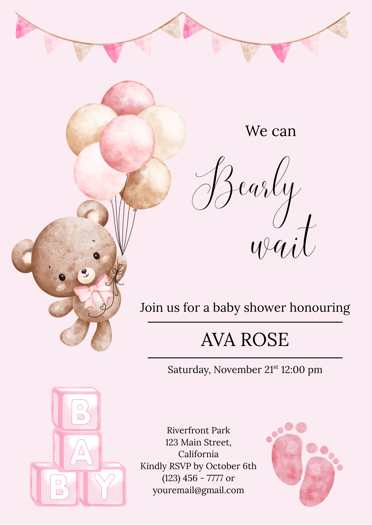 Cute teddy bear with pink balloons baby shower invitation, watercolor design, perfect for gifting and home decor