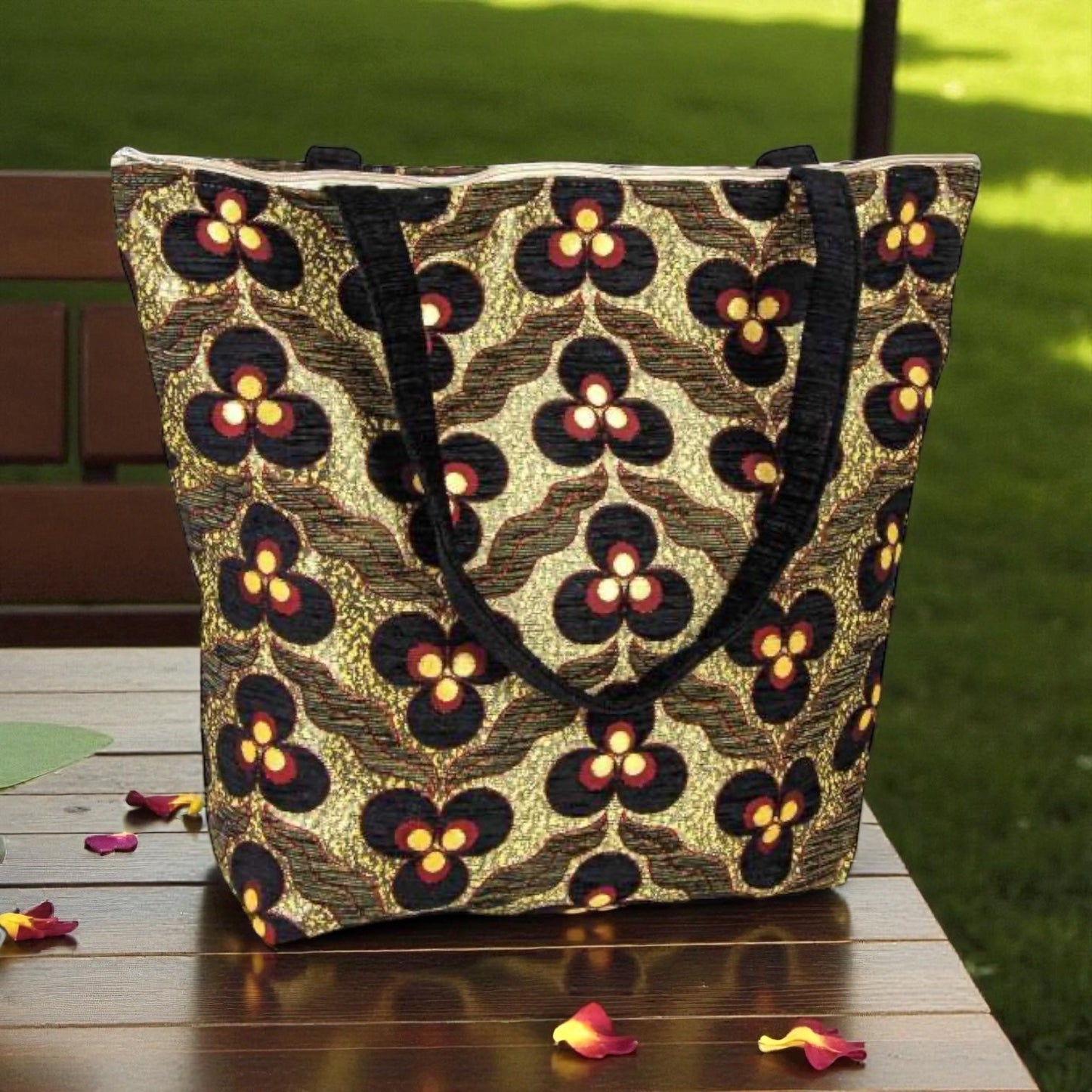 Authentic Kilim Fabric Floral Ucgoz Design Purse with Handles, Turkish Carpet, Beach Bag, Tote, Reusable Shopping Bag -- Black/Gold/Red