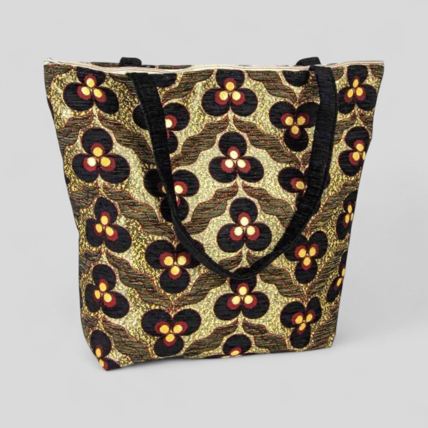 Authentic Kilim Fabric Floral Ucgoz Design Purse with Handles, Turkish Carpet, Beach Bag, Tote, Reusable Shopping Bag -- Black/Gold/Red