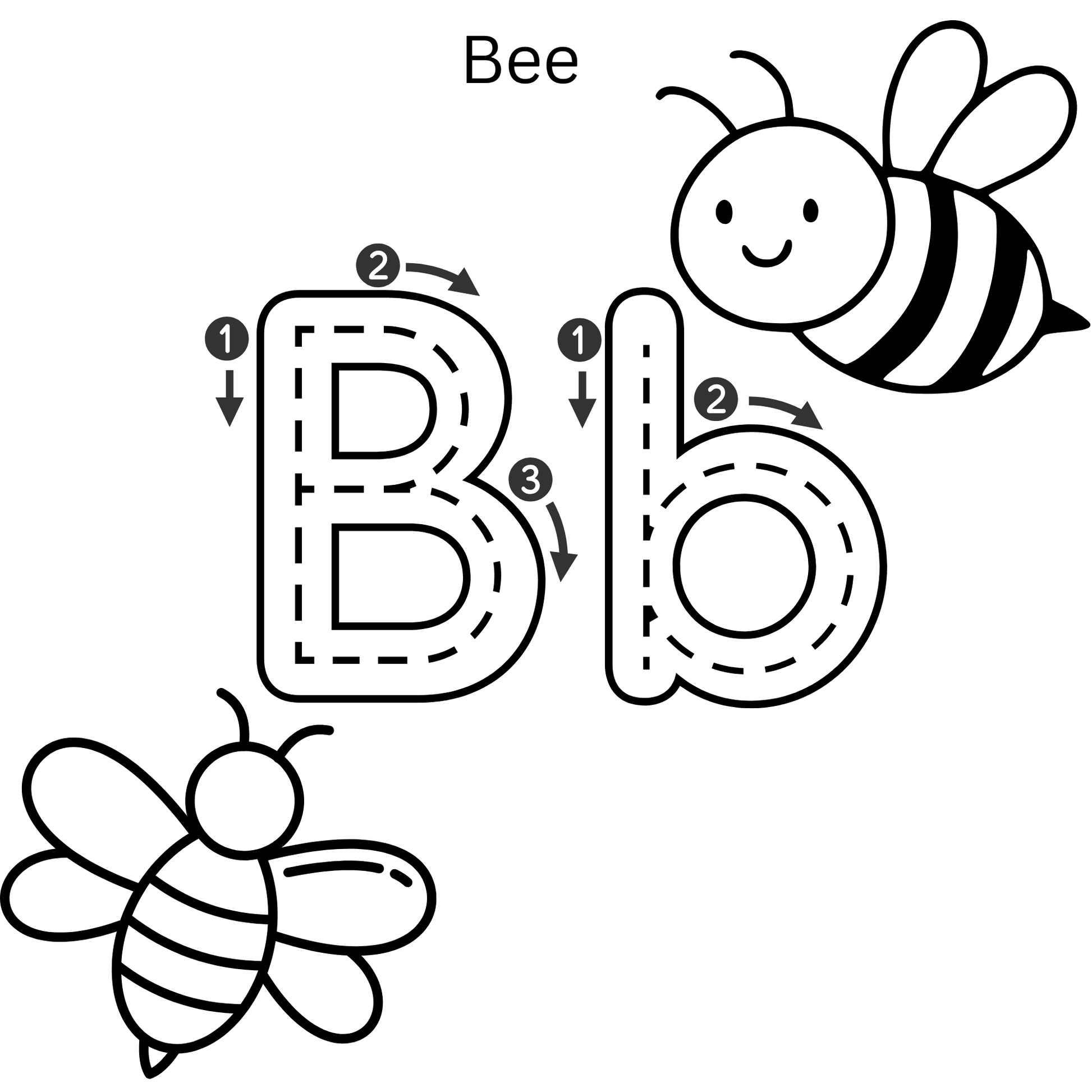 Bee alphabet tracing worksheet for kids, letter B practice with cute bee illustrations