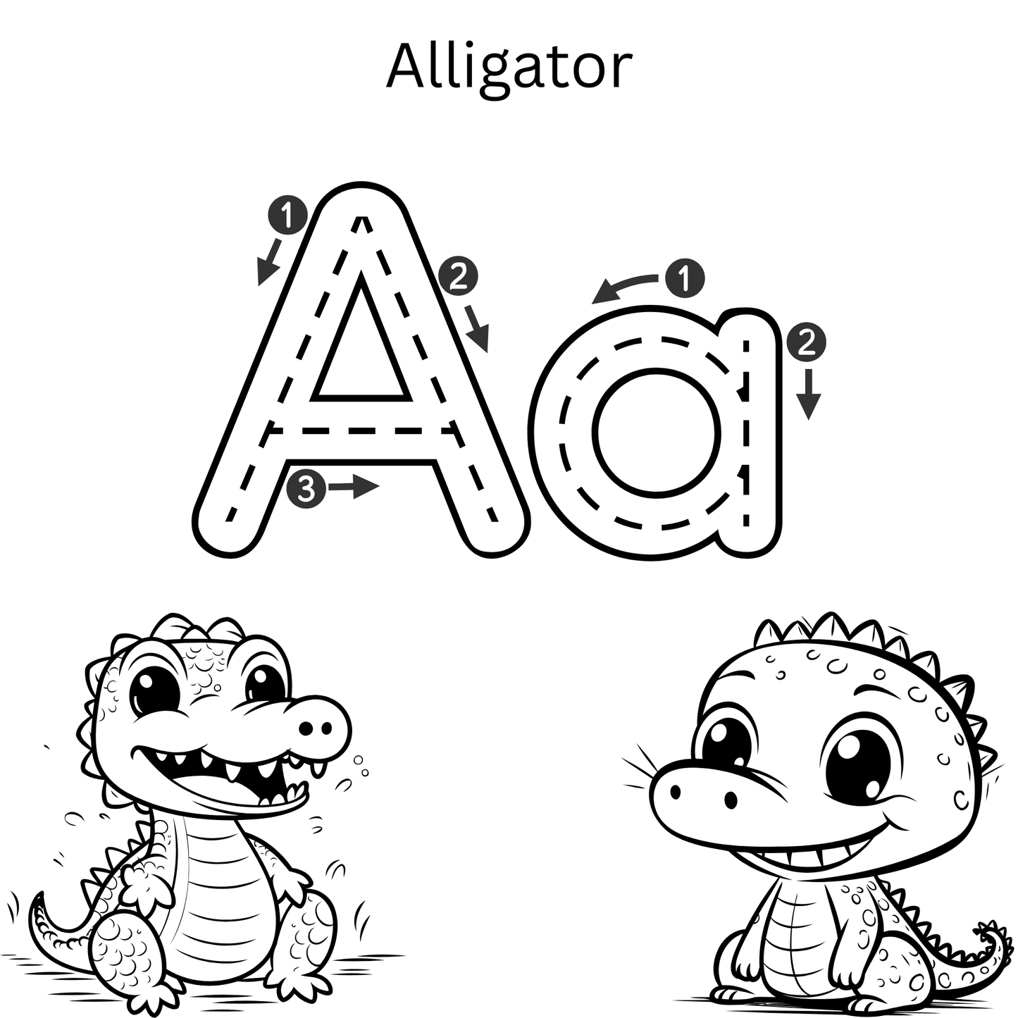 Cute alligator coloring page with letter A tracing for kids, perfect for early learning and fun activities
