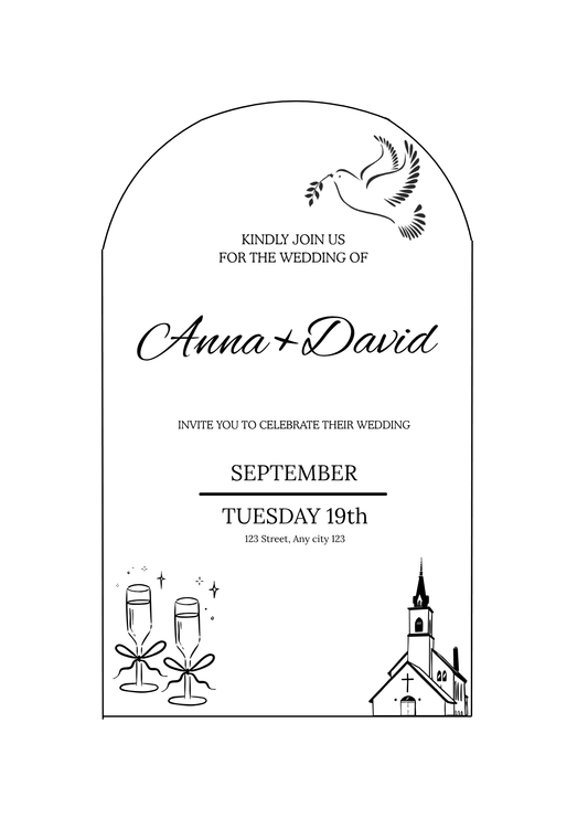 Elegant wedding invitation with dove, church, and champagne glasses — perfect for digital print and instant download.