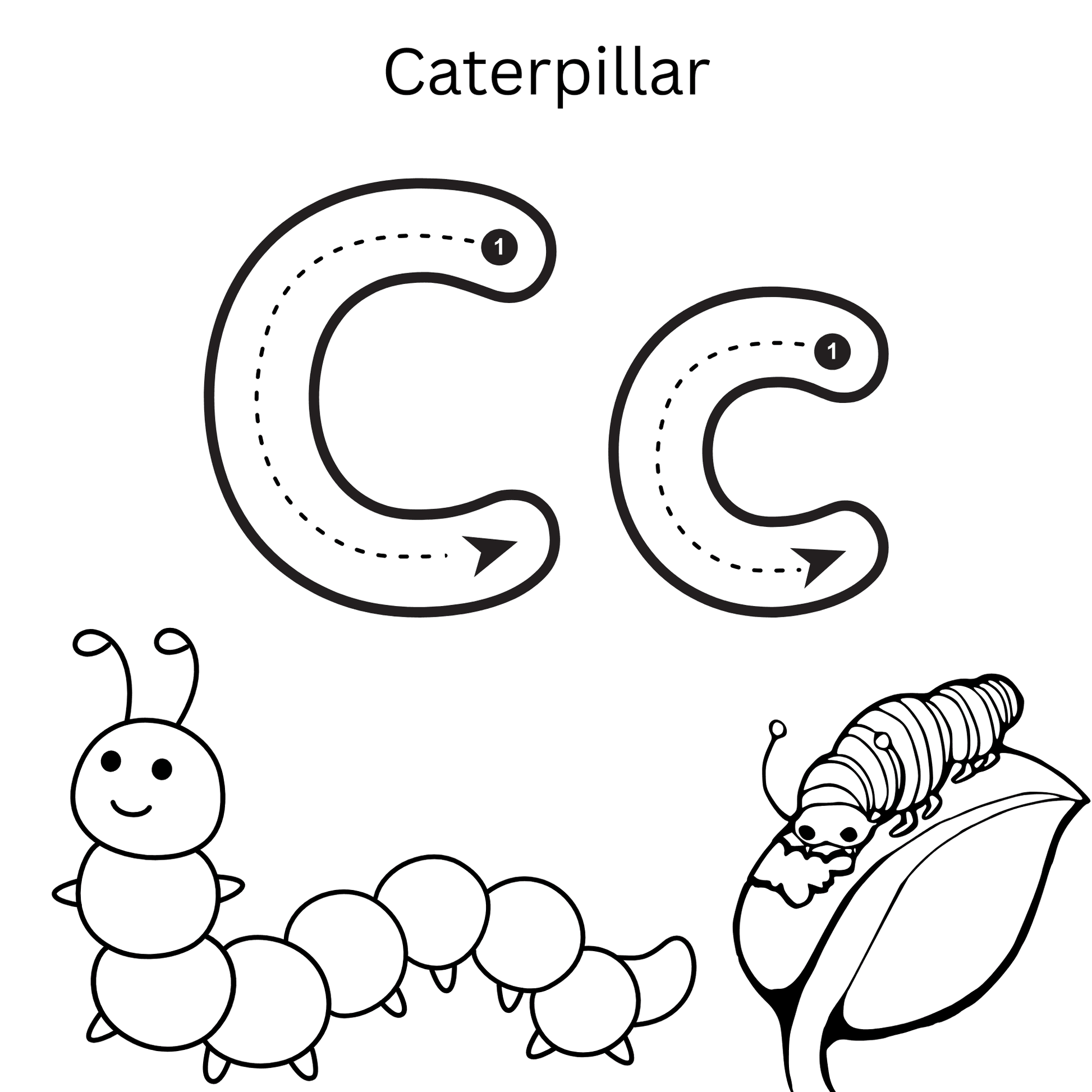 Caterpillar letter C tracing worksheet for kids, featuring cute caterpillar illustrations and coloring activities