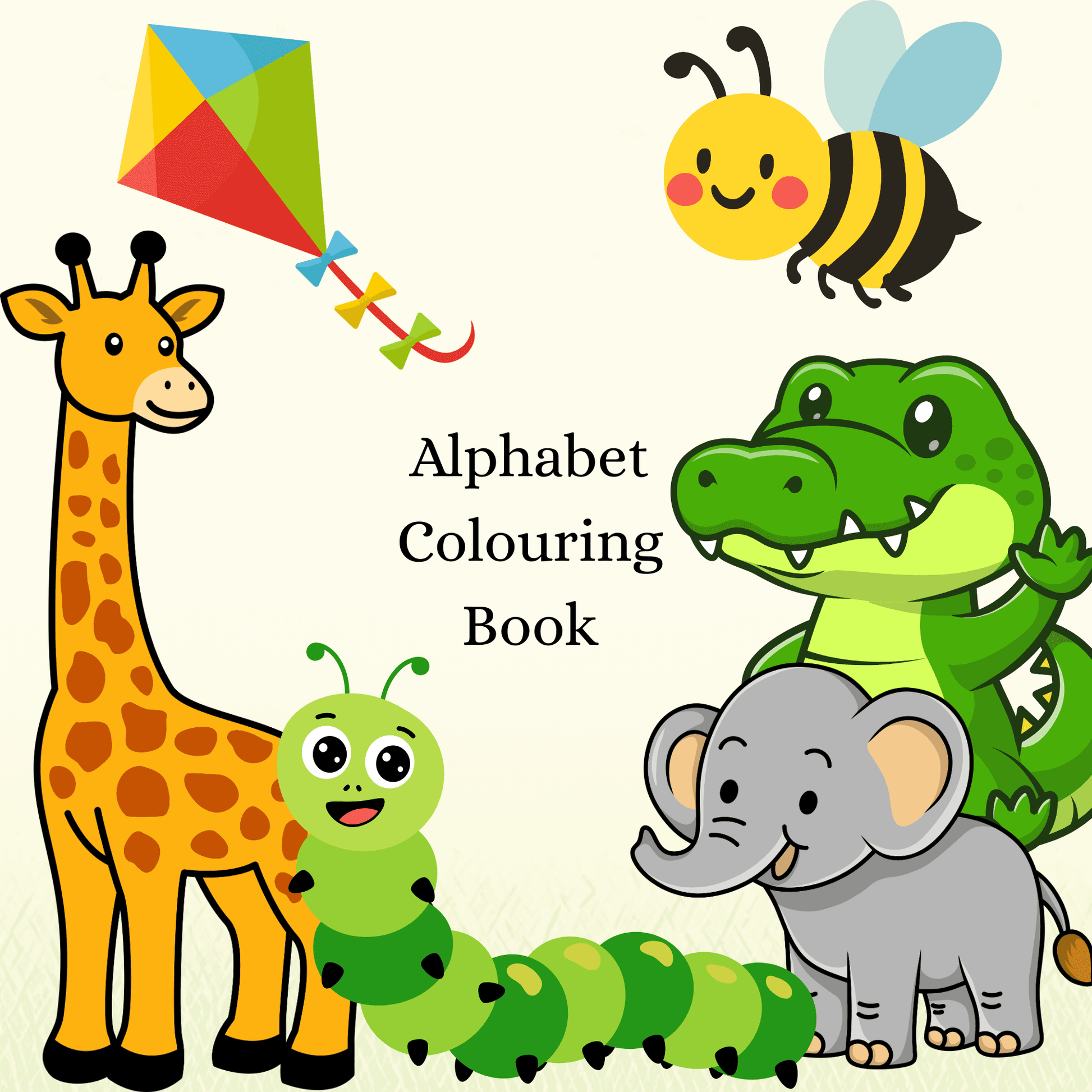 Cute animal alphabet coloring book with giraffe, elephant, crocodile, bee, caterpillar, and kite for kids' activities