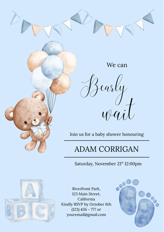 Cute teddy bear baby shower invitation with balloons, bunting, and footprints — perfect for digital print download