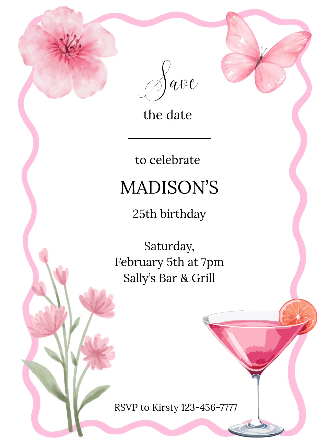 Pink floral birthday save the date invitation with butterfly and cocktail, digital art print