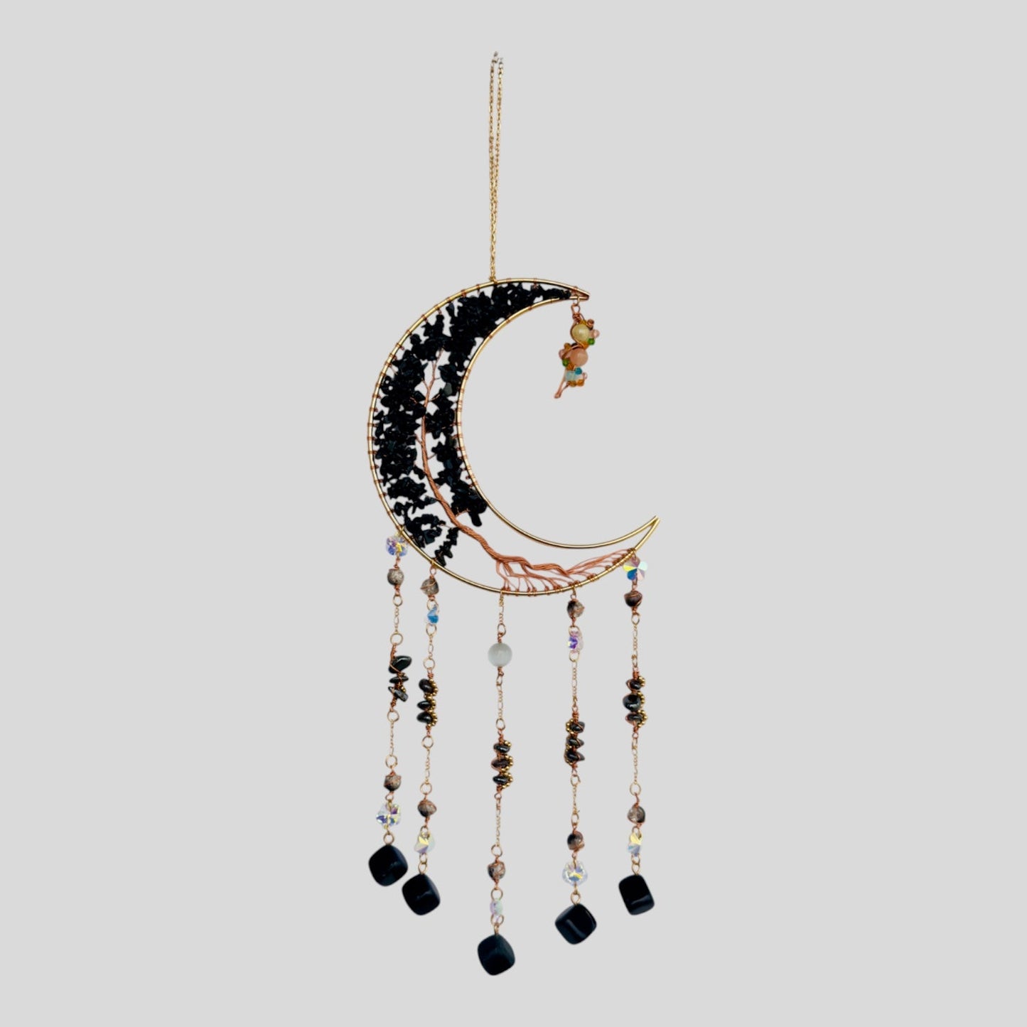 Gold Metal Crescent Moon Dreamcatcher Suncatcher with Black Obsidian Stone Tree of Life & Hanging Jewel Charms