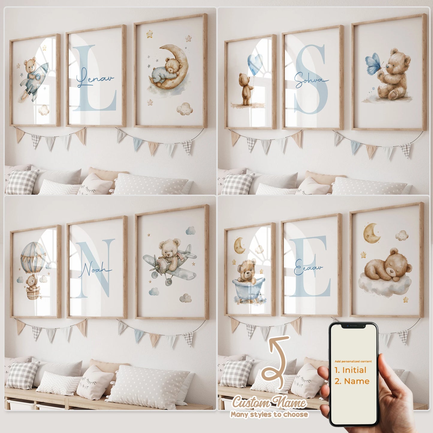 3pcs Personalized Custom Name Cartoon Blue Teddy Bear Wall Art Print Picture Canvas Poster Painting For Living Room Home Decor