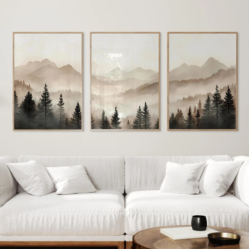 Abstract Forest Mountains Triptych Art Minimalist Modern Foggy Landscape Prints Set of 3 Printable Neutral Nature Wall Art Gift