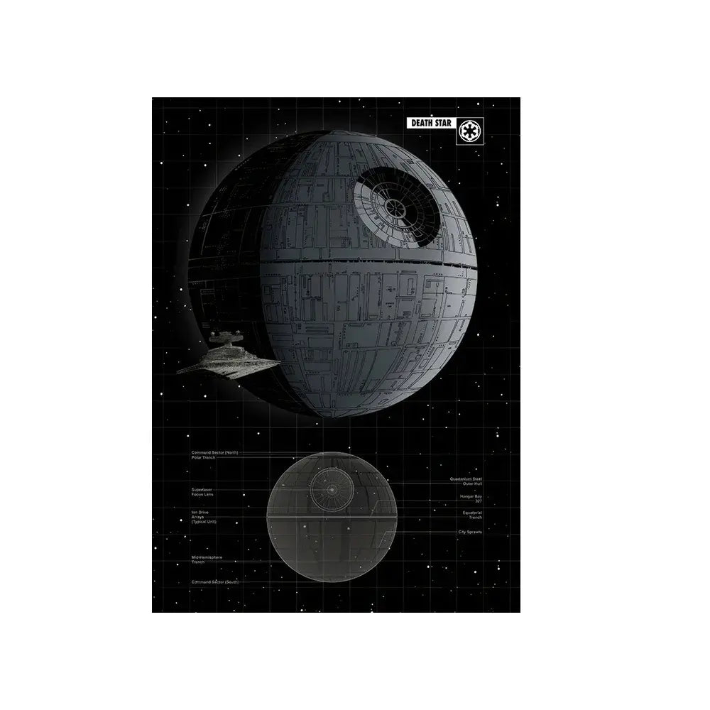 Death Star blueprint art print with starship details, perfect for sci-fi home decor and digital downloads