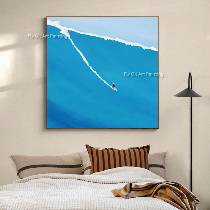 Original Blue Green People Set Sail Wall Art Decor For Room Handpainted Light Blue Seascape Fashion Oil Painting Canvas Art