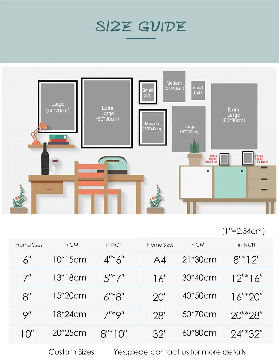 Digital art print size guide with frame dimensions in cm and inches for home decor