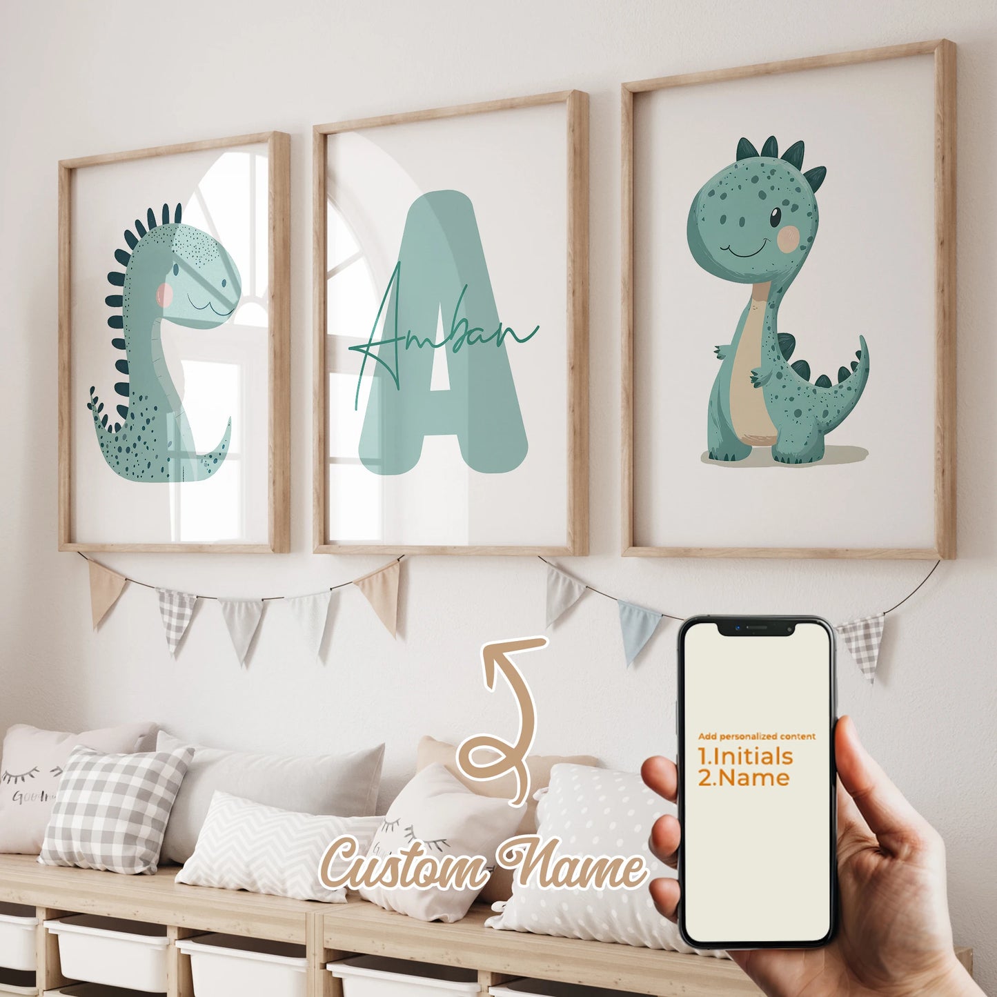3pcs Personalized Custom Name Cartoon dinosaur Wall Art Print Picture Canvas Poster Painting For Living child Room Home Decor