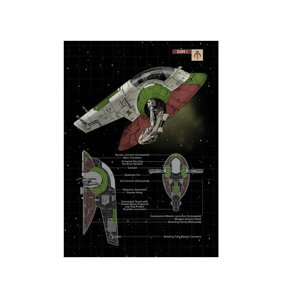 Slave I starship blueprint art print with technical schematics, perfect for sci-fi home decor or fan gifts