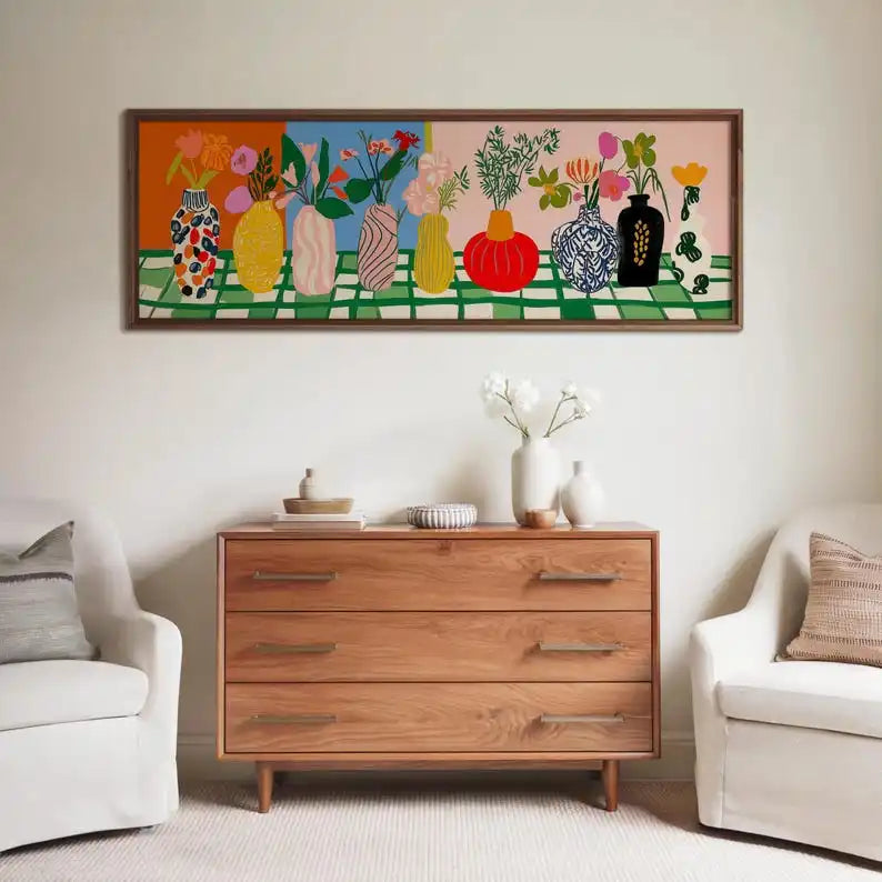 Large Abstract Matisse Style Floral Panoramic Canvas Prints, Unframed Modern Vase Canvas Wall Art for Living Room, Bedroom Decor