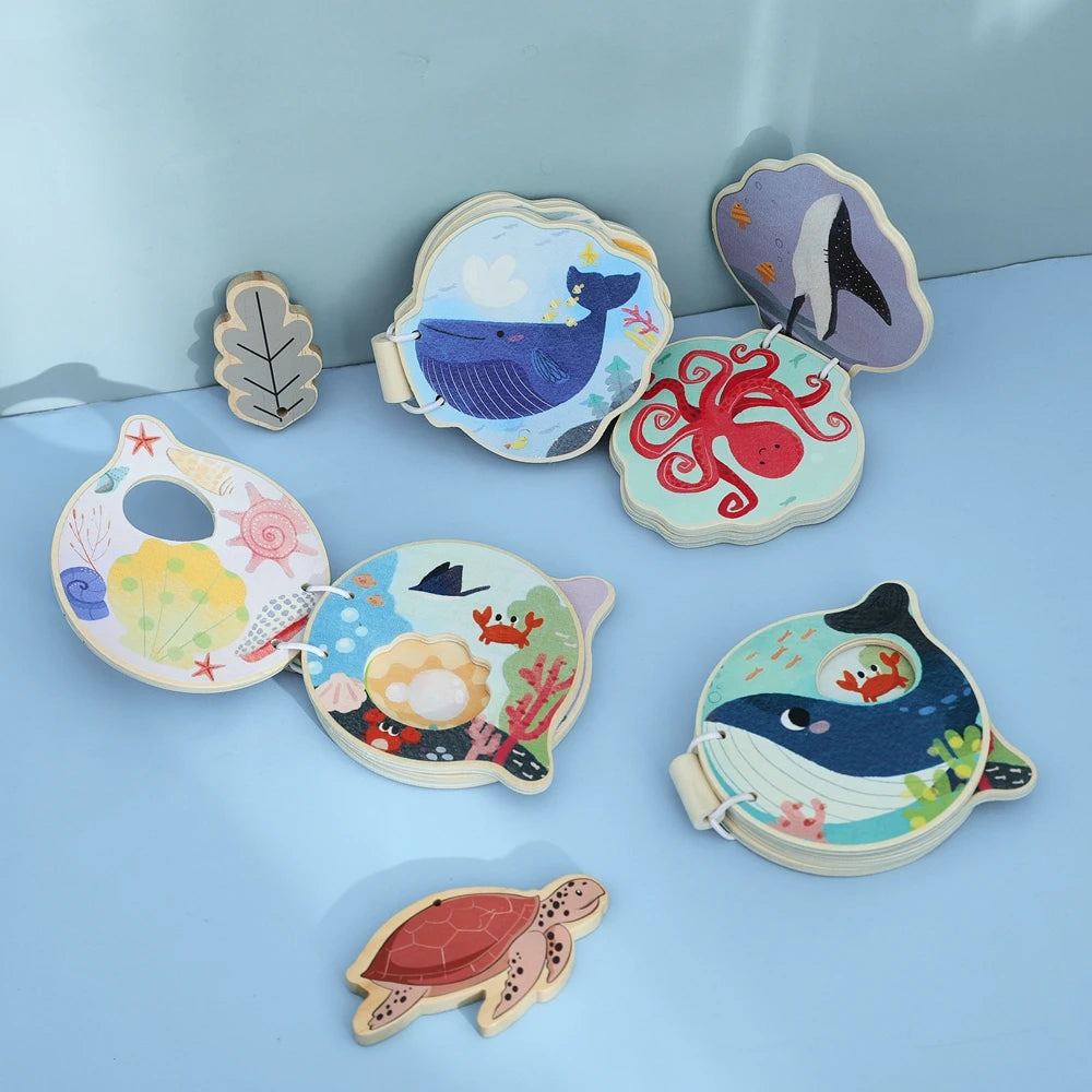 Baby Wooden Book Early Educational Toys Enlightenment Readings Montessori Marine Animals Illustration Cognitive Book for Toddler