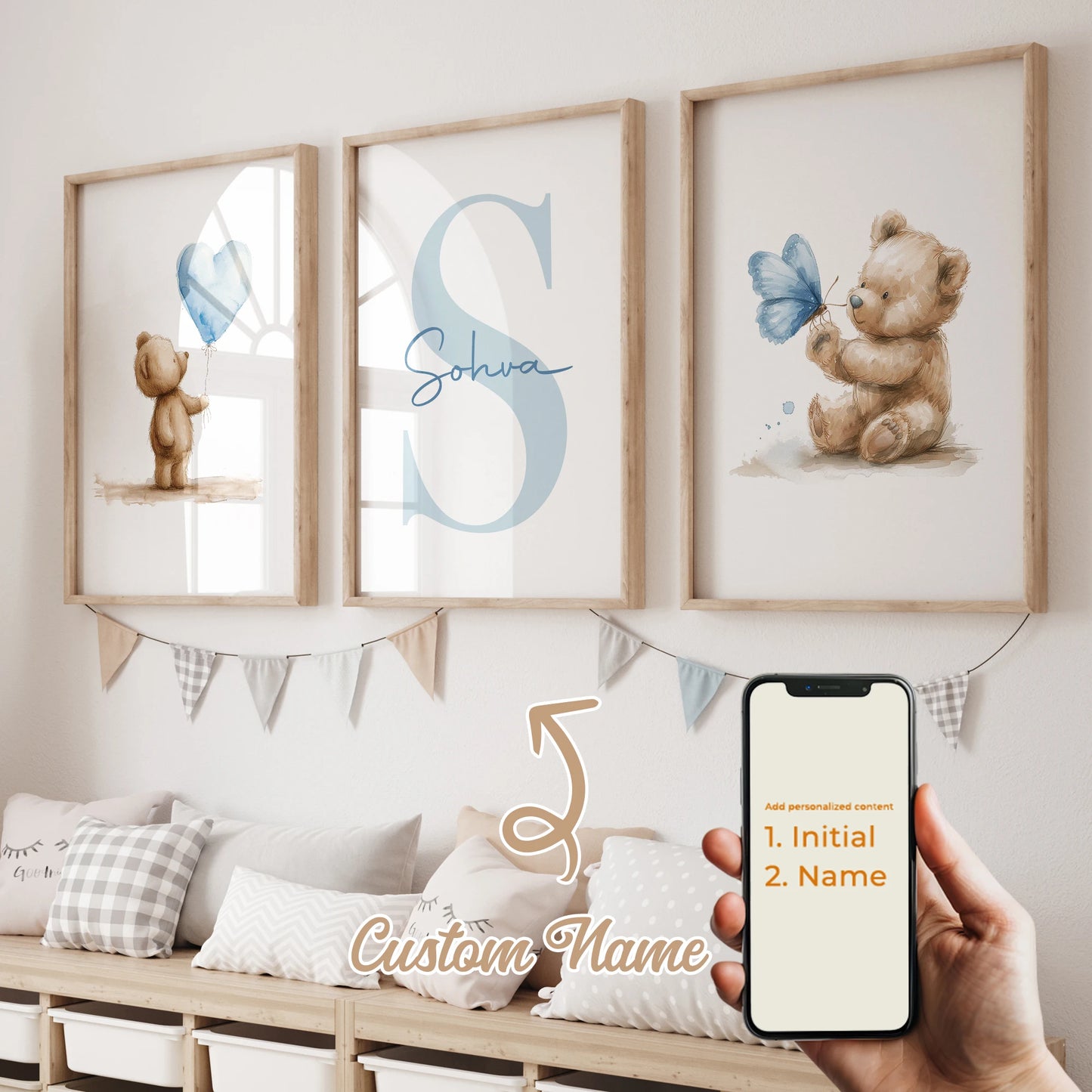 3pcs Personalized Custom Name Cartoon Blue Teddy Bear Wall Art Print Picture Canvas Poster Painting For Living Room Home Decor