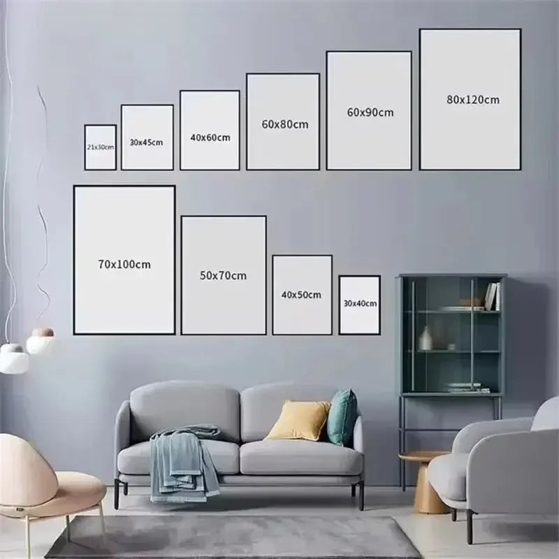 Modern living room with framed art prints in various sizes for home decor