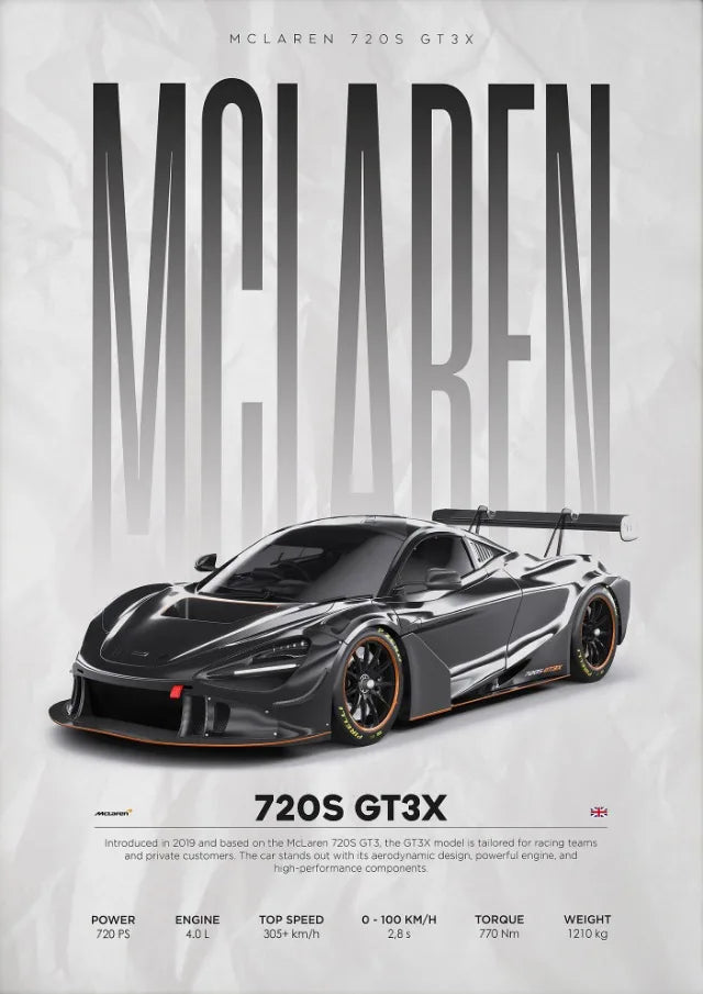 McLaren 720S GT3X racing car poster with specs, sleek black design, aerodynamic details, high-performance features