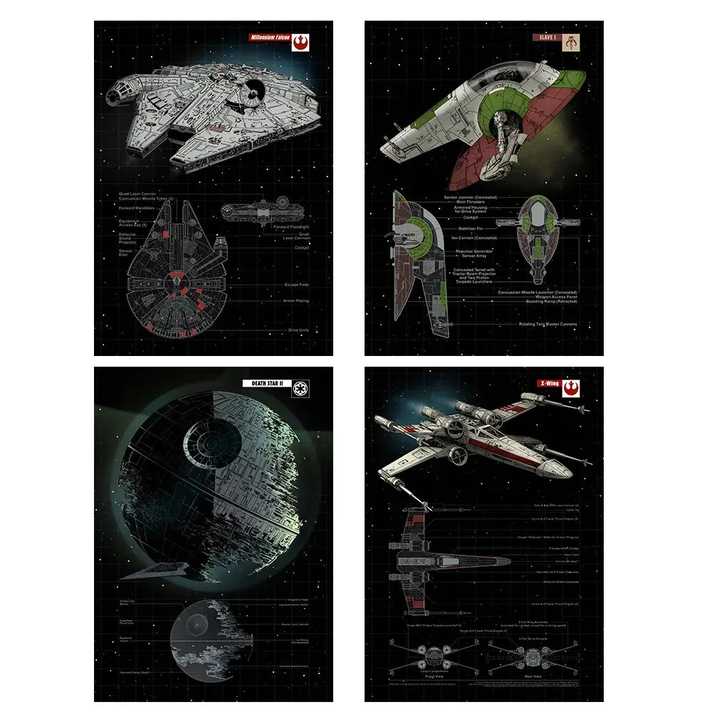 Star Wars spaceship blueprints: Millennium Falcon, Slave I, Death Star II, X-wing — digital art prints for decor