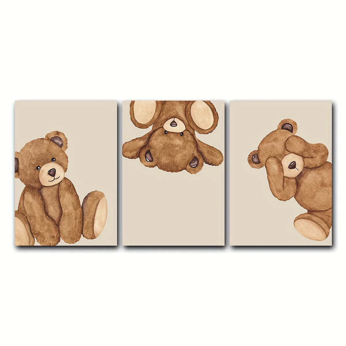 3pcs/set Bear Cartoon Animal Canvas Print Retro Beige Bear Teddy Wall Art Poster for Modern Living Room Bedroom Home Decor Gift