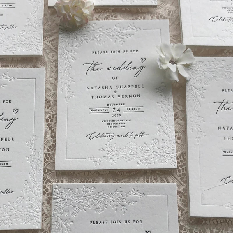30pcs Personalized Wedding Invitations,Embossed Wedding Cards,450gsm Handmade Paper,Letterpress Embossing Floral Design