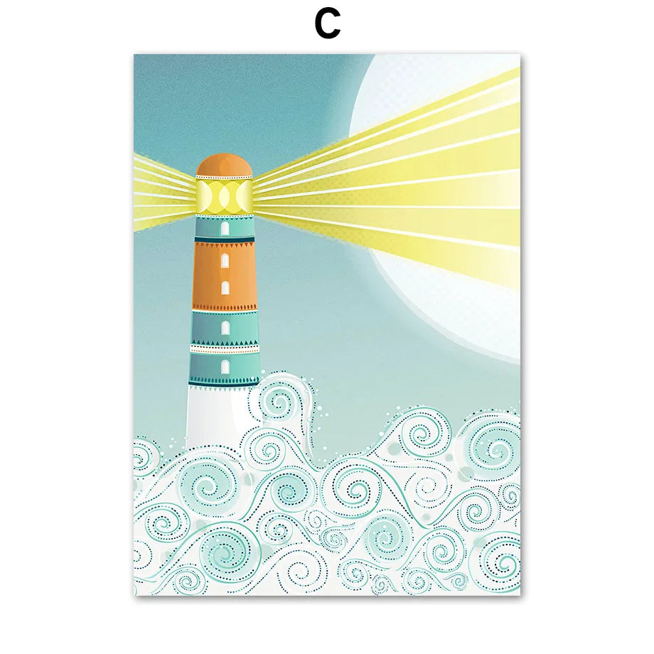 Blue Ocean Sun Fish Whale Lighthouse Nursery Wall Art Canvas Painting Posters And Prints Wall Pictures Baby Room Bedroom Decor