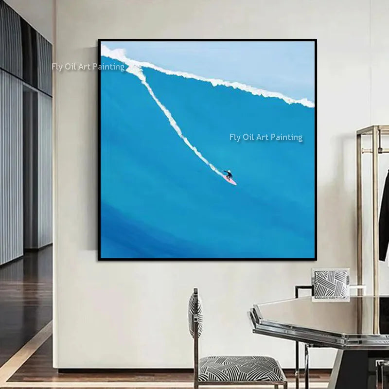 Original Blue Green People Set Sail Wall Art Decor For Room Handpainted Light Blue Seascape Fashion Oil Painting Canvas Art