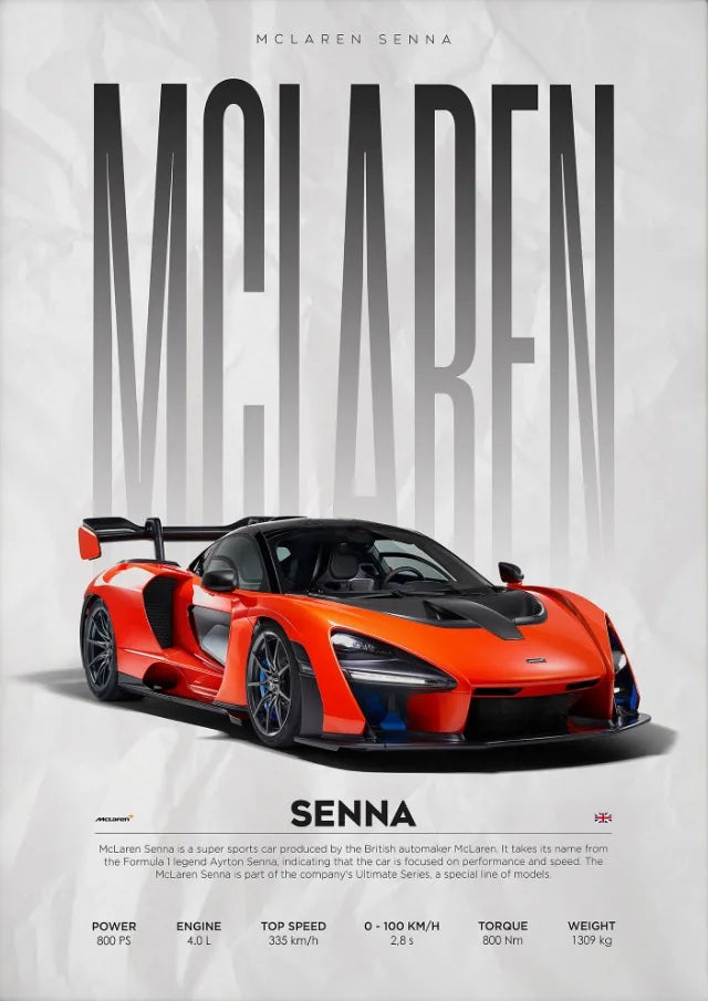 Vibrant orange McLaren Senna supercar poster with performance specs, ideal for automotive art lovers and home decor.