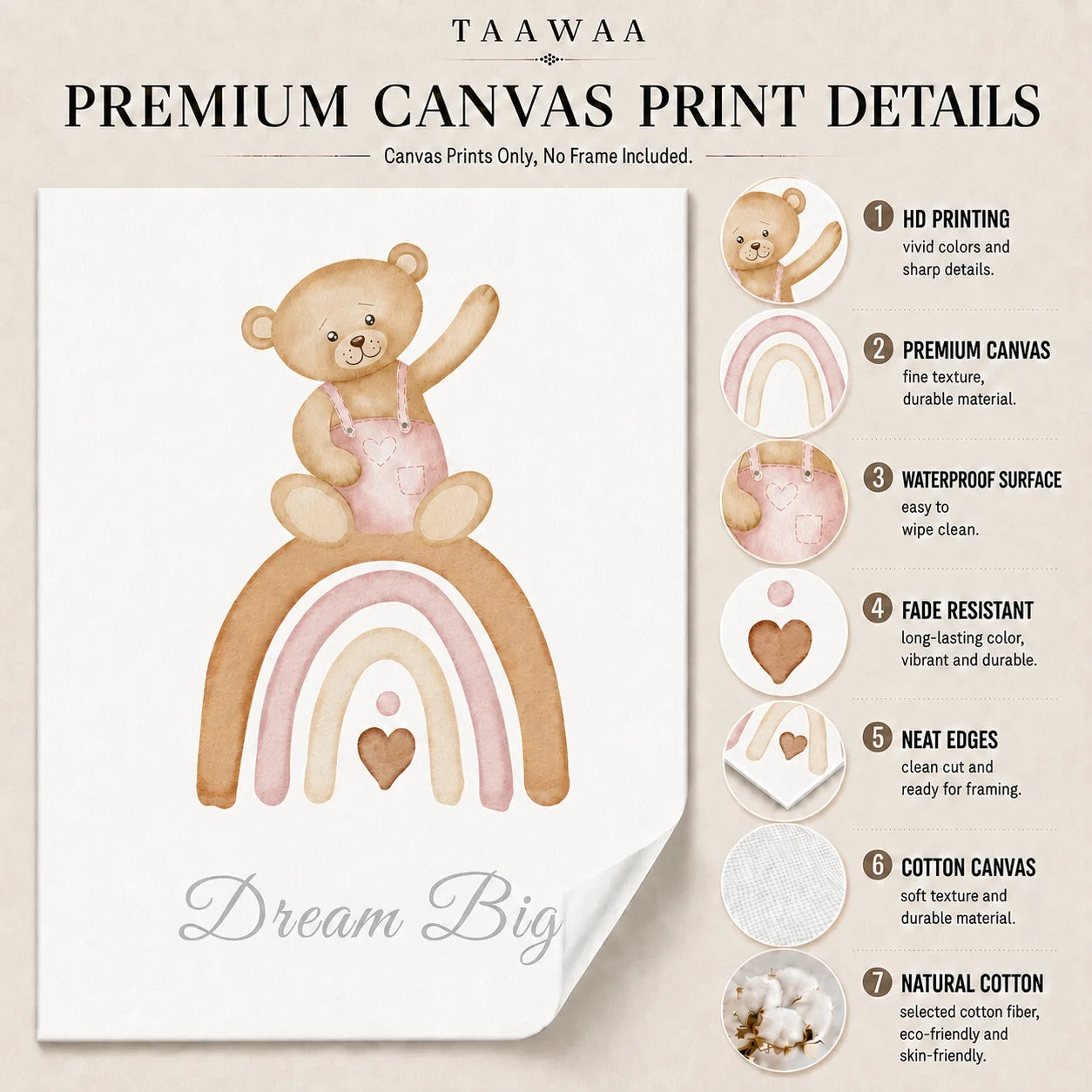 Nursery Inspirational Wall Art, Cute Teddy Bear Adventure Canvas Painting, Animal Poster Print for Baby, Toddler Kids Room Decor