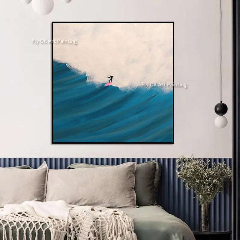 Original Blue Green People Set Sail Wall Art Decor For Room Handpainted Light Blue Seascape Fashion Oil Painting Canvas Art