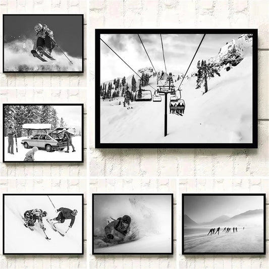 Black And White Winter Skiing Canvas Painting Ski Resort Sports Poster Skier Wall Art Print Nordic Picture For Living Room Decor