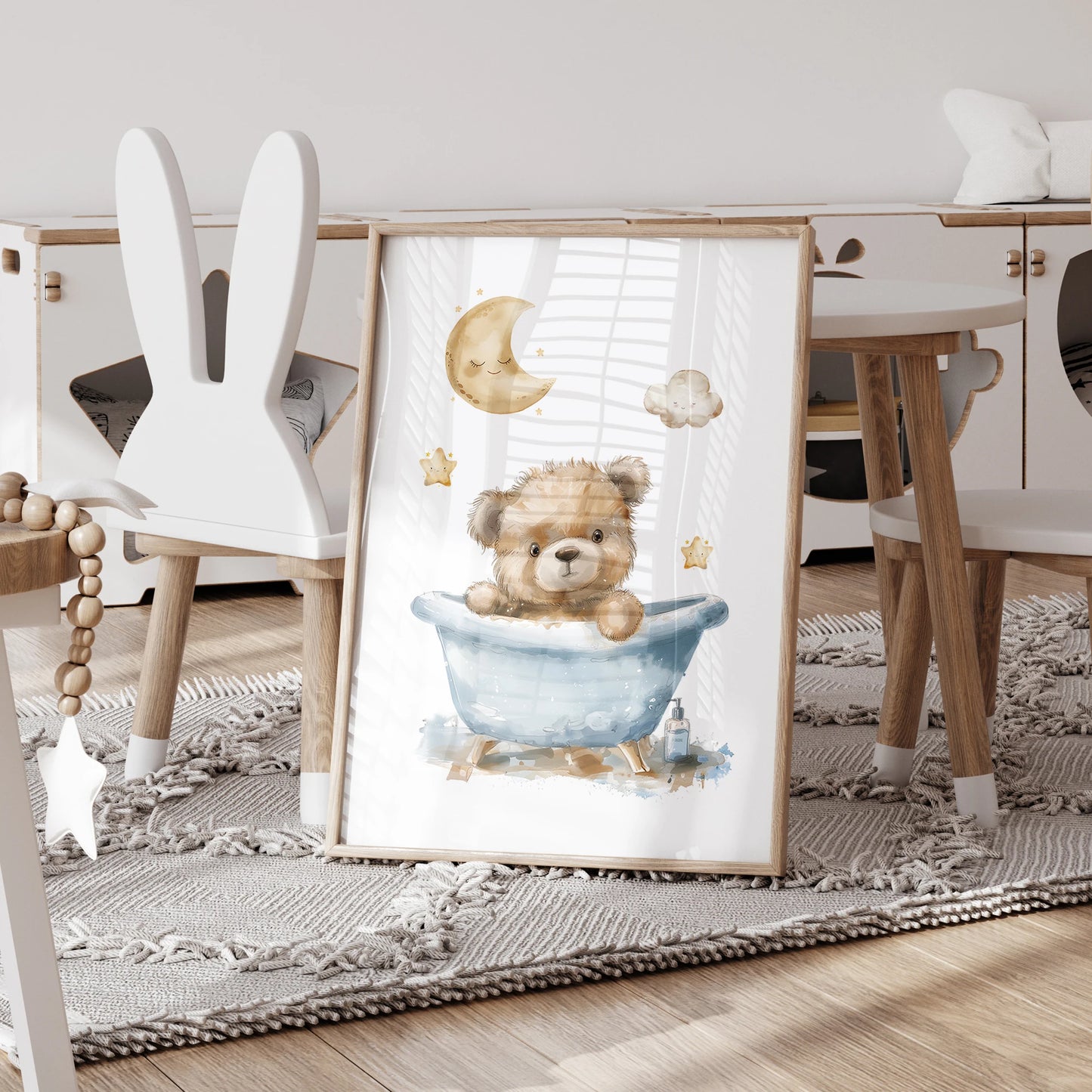 3pcs Personalized Custom Name Cartoon Blue Teddy Bear Wall Art Print Picture Canvas Poster Painting For Living Room Home Decor