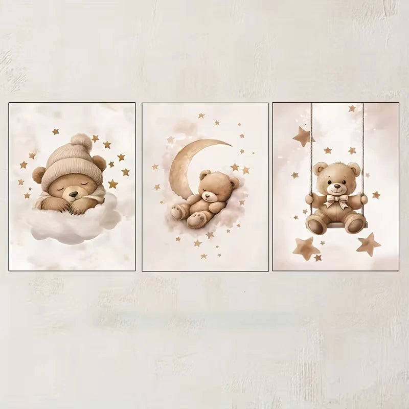 3pcs/set Bohemian Style Teddy Bear Animal Nursery Canvas Poster Stars Cloud Bears Wall Art Prints Modern Living Room Home Decor