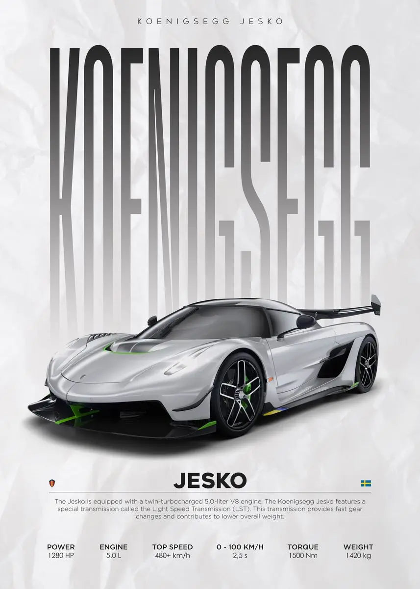 Koenigsegg Jesko hypercar digital art print with specs, perfect for car enthusiasts and home decor