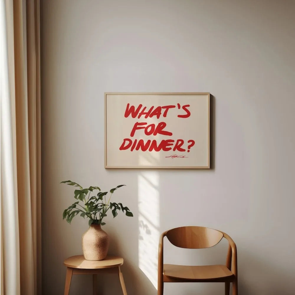 What Is for Dinner? Printmaking,Aesthetic Art,Bauhaus Printmaking,Kitchen Wall Art,Minimalist Red Frameless Canvas Painting