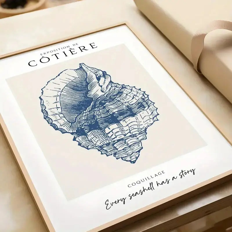 Blue seashell art print with 'Every seashell has a story' text, coastal home decor