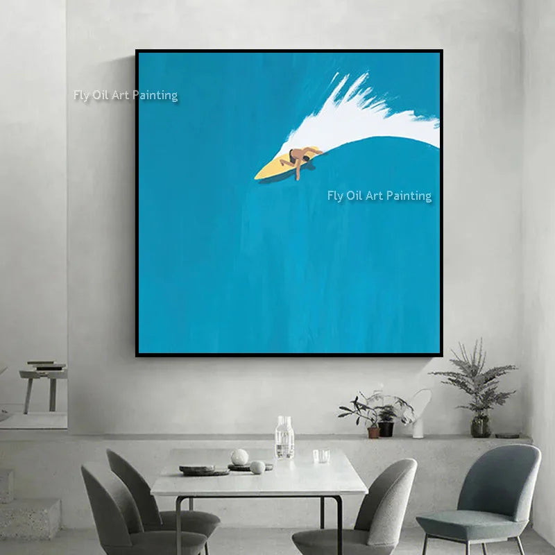 Original Blue Green People Set Sail Wall Art Decor For Room Handpainted Light Blue Seascape Fashion Oil Painting Canvas Art
