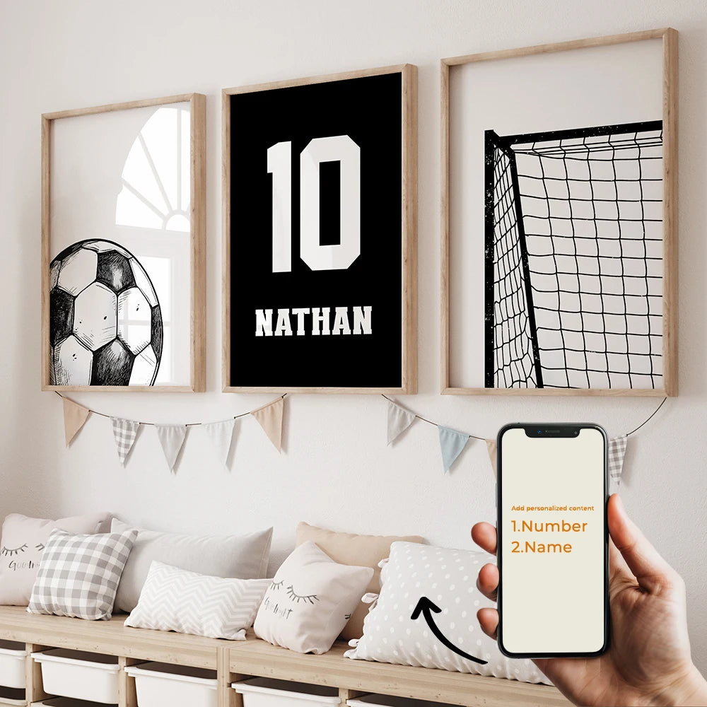 3pcs Personalized Custom Name Cartoon football Wall Art Print Picture Canvas Poster Painting For Living Room Home Decor