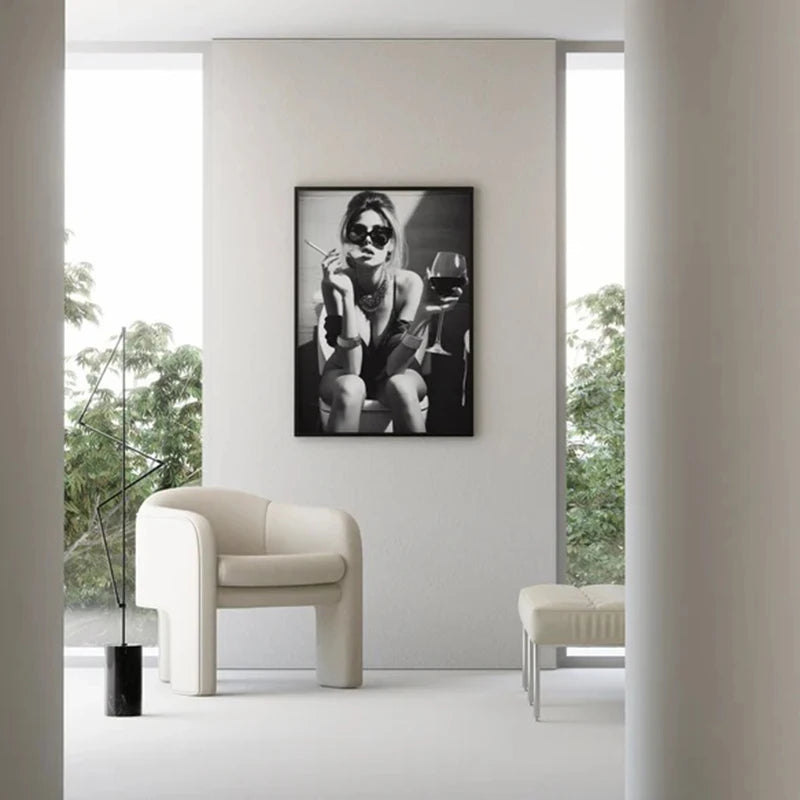 Black and white digital art print of woman with wine glass, stylish home decor wall art