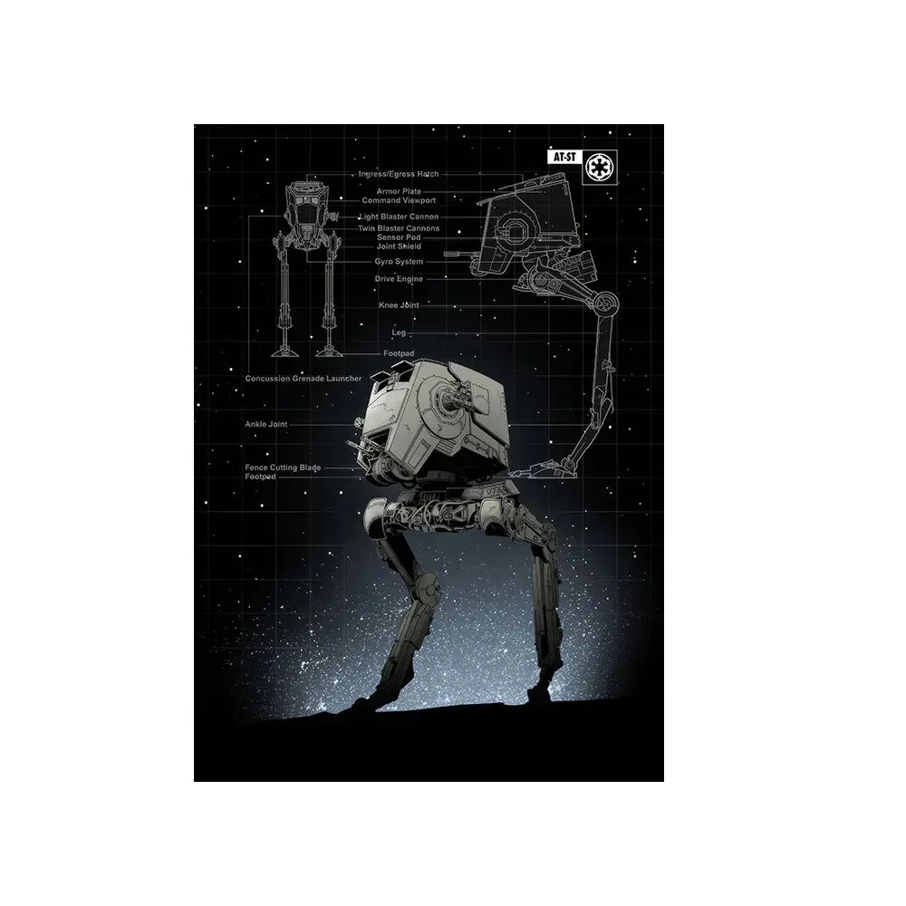 AT-ST Walker blueprint art print with labeled parts, starry space background, digital download for home decor