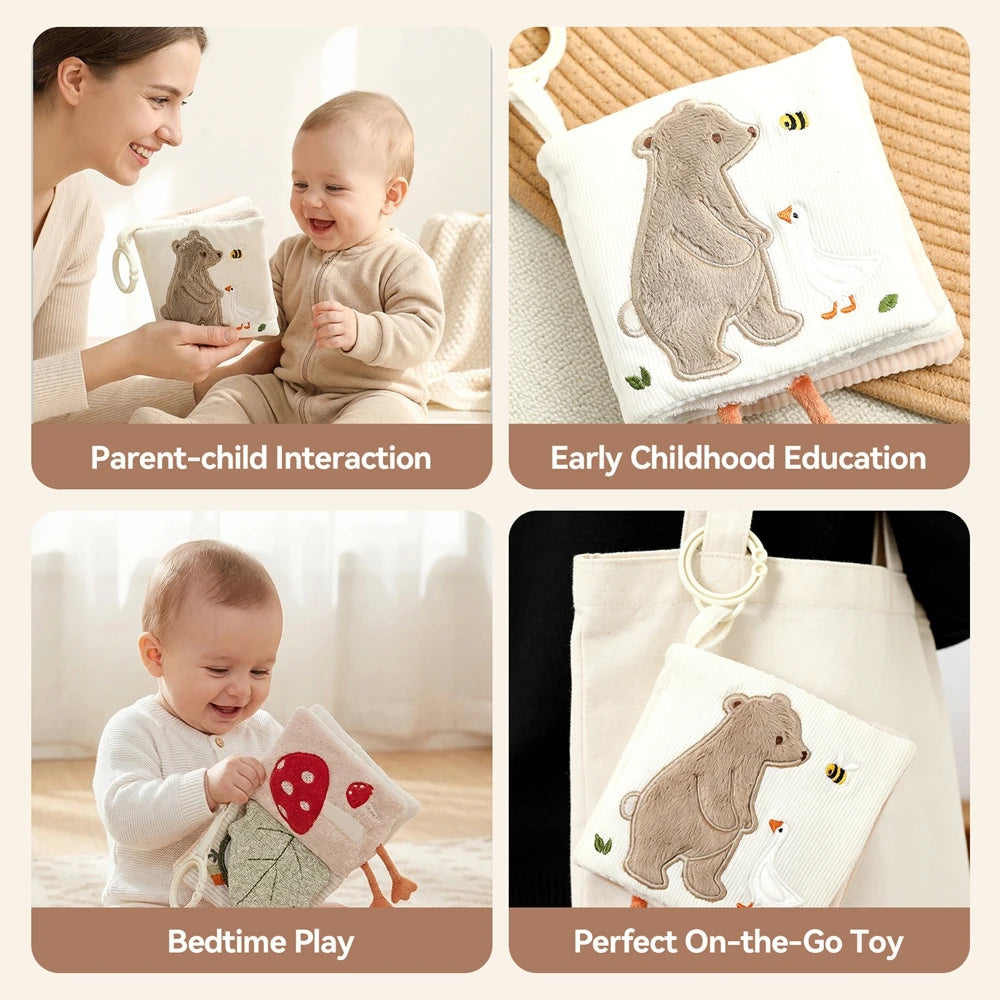 Baby Cloth Book with Bear & Goose, Sensory Crinkle Activity Book with Mirror, Teether, and Hanging Ring, Early Educational Toys