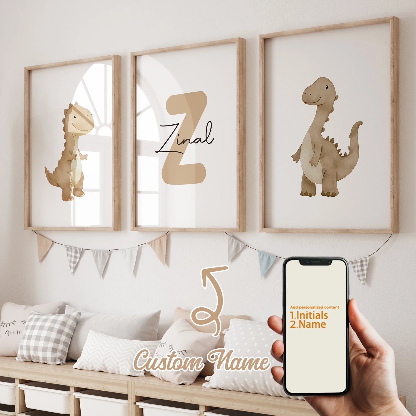 3pcs Personalized Custom Name Cartoon dinosaur Wall Art Print Picture Canvas Poster Painting For Living child Room Home Decor