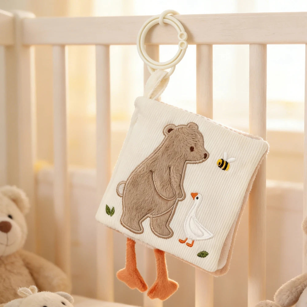 Baby Cloth Book with Bear & Goose, Sensory Crinkle Activity Book with Mirror, Teether, and Hanging Ring, Early Educational Toys