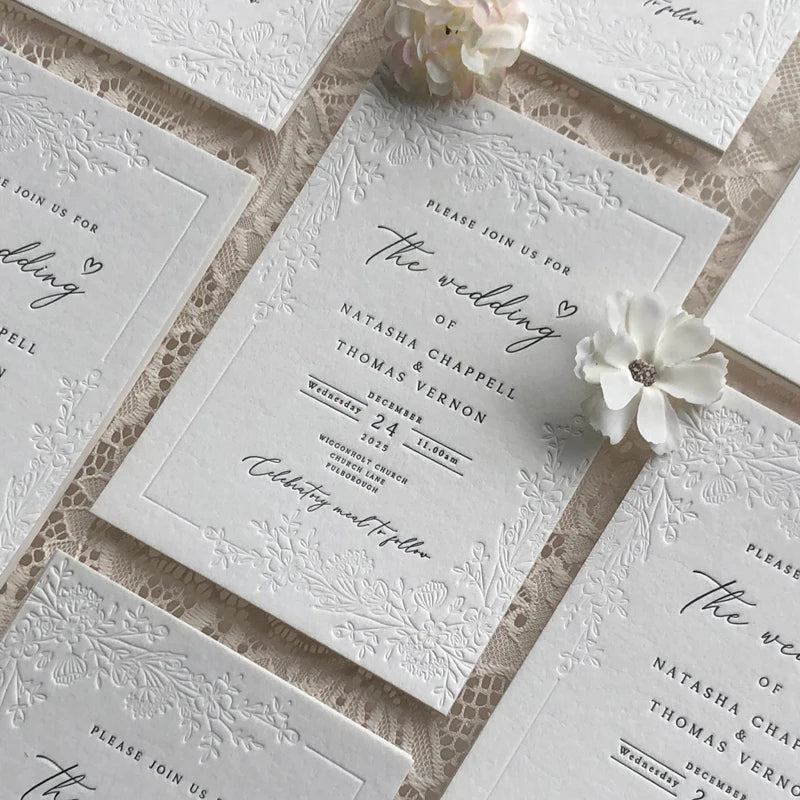 30pcs Personalized Wedding Invitations,Embossed Wedding Cards,450gsm Handmade Paper,Letterpress Embossing Floral Design