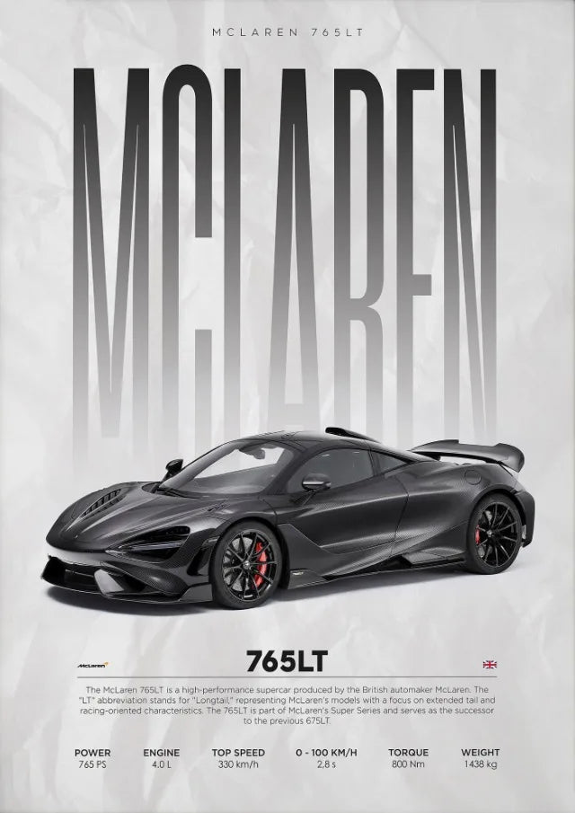 McLaren 765LT supercar digital art print — sleek black design, performance specs, ideal for automotive decor
