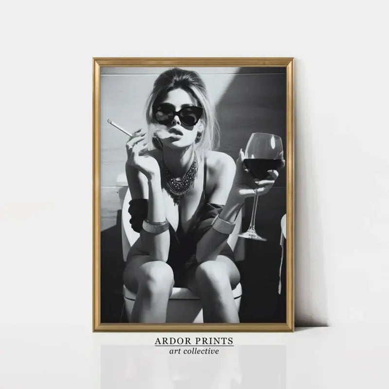 Black and white art print of woman with wine glass and cigarette, framed wall decor for home