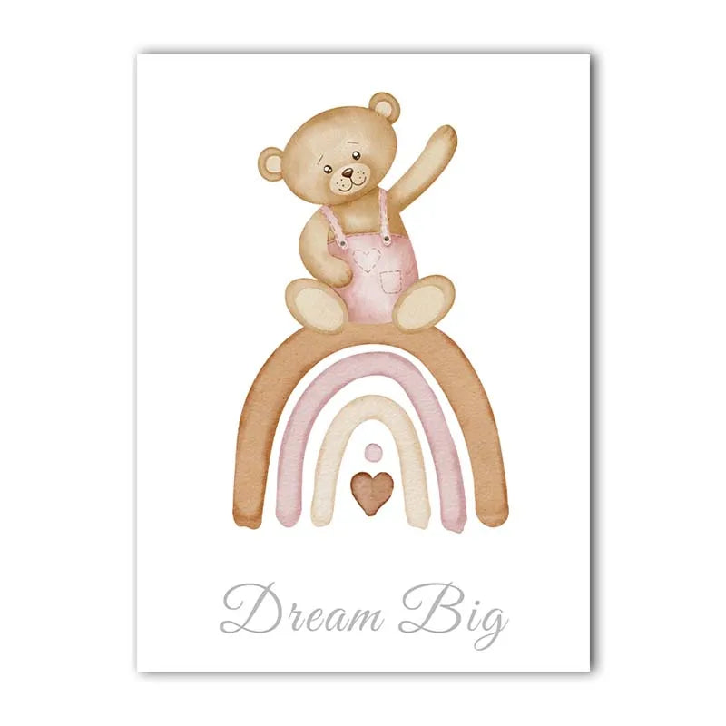 Nursery Inspirational Wall Art, Cute Teddy Bear Adventure Canvas Painting, Animal Poster Print for Baby, Toddler Kids Room Decor